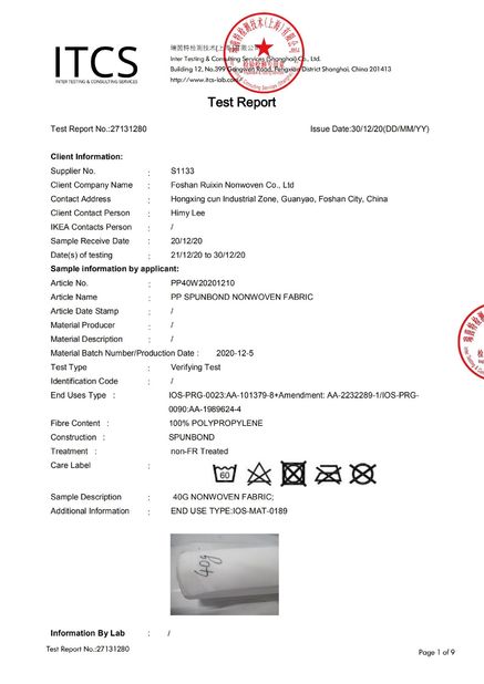Κίνα Foshan Rayson Non Woven Co.,Ltd Πιστοποιήσεις