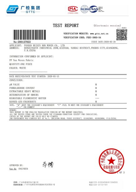 Κίνα FOSHAN RUIXIN NON WOVEN CO.,LTD Πιστοποιήσεις